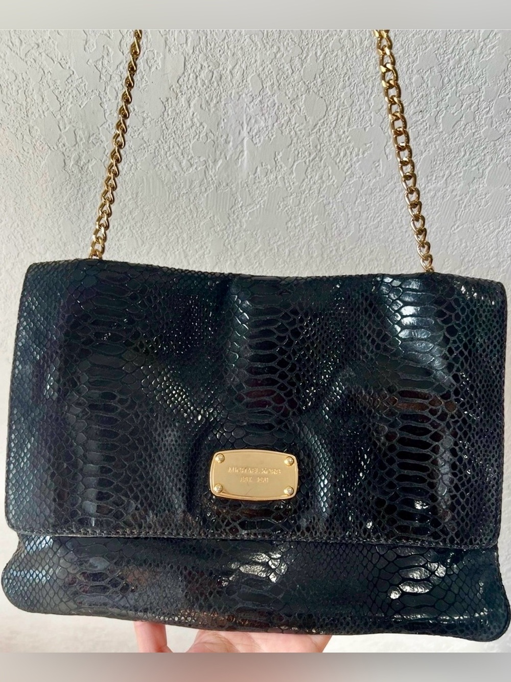 MichaelKors Black Patent Python Embossed Leather Fold Over Chain Shoulder Clutch